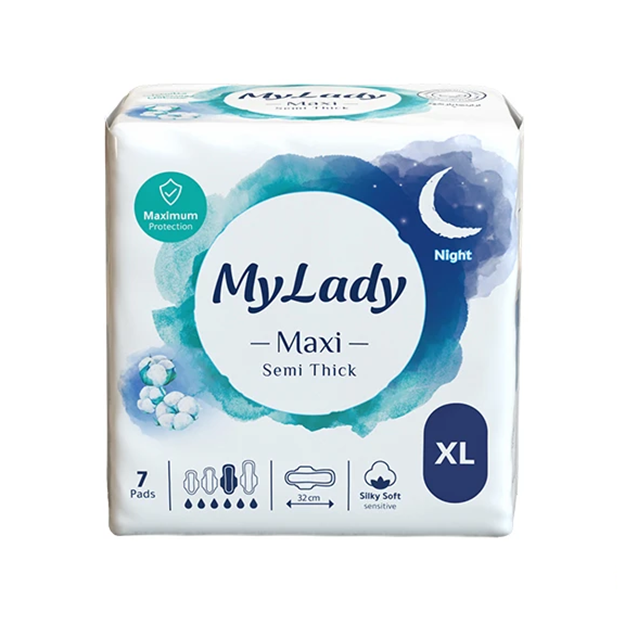 تصویر  نوار بهداشتی مکسی نیمه ضخیم پنبه ای سایز خیلی بزرگ مای لیدی 7 عددی